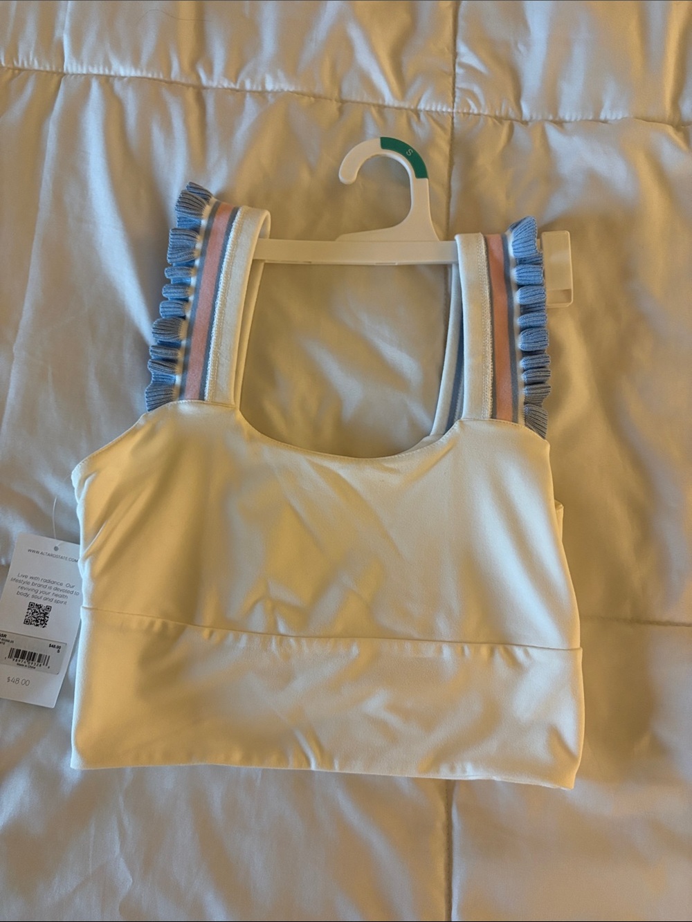 White Crop Tank with Blue Pink Fringe Straps
